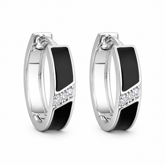 Kolczyki Black Crystal Line Hoop S925 Białe Złoto Czarne Damskie