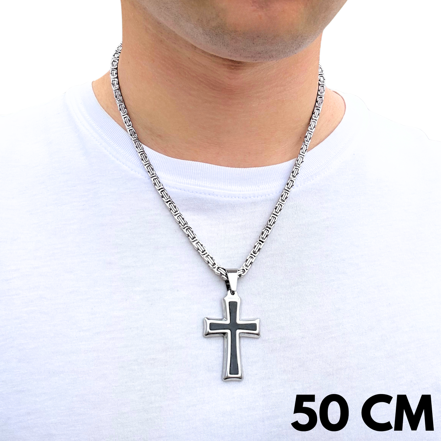 ZESTAW - Królewski 4mm + Zawieszka Black Cross Białe Złoto