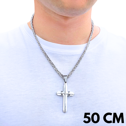 ZESTAW - Królewski 4mm + Zawieszka Modern Cross Białe Złoto