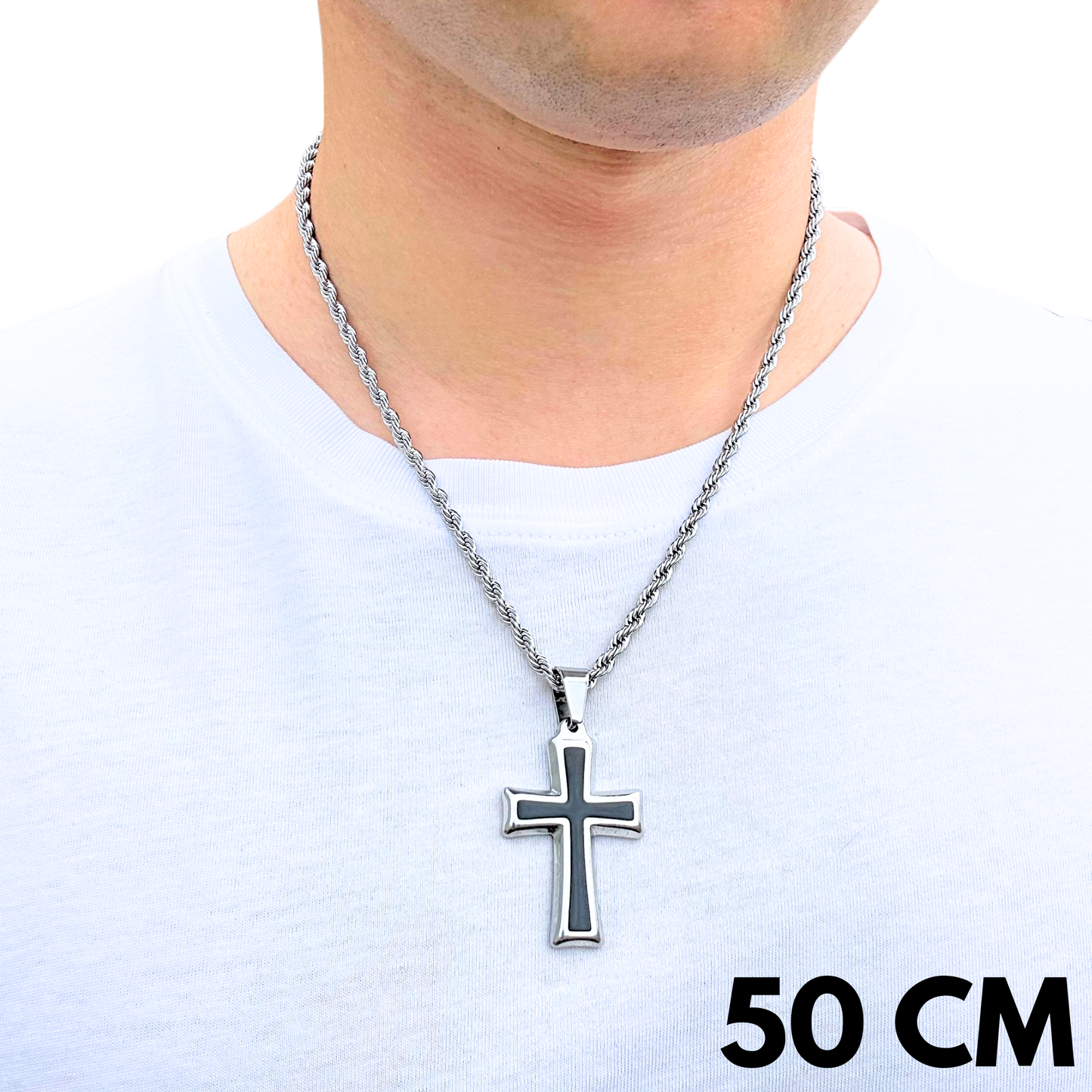 ZESTAW - Rope 4mm + Zawieszka Black Cross Białe Złoto