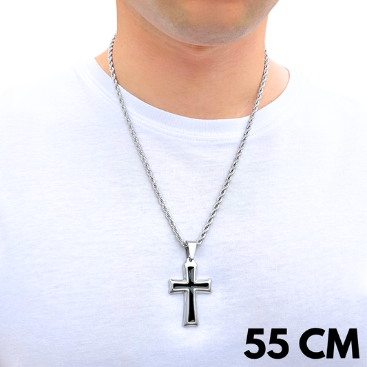 ZESTAW - Rope 4mm + Zawieszka Black Cross Białe Złoto