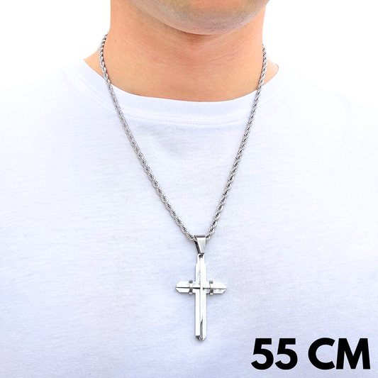 ZESTAW - Rope 4mm + Zawieszka Modern Cross Białe Złoto