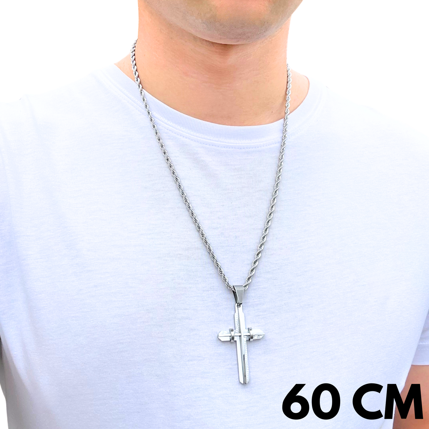 ZESTAW - Rope 4mm + Zawieszka Modern Cross Białe Złoto