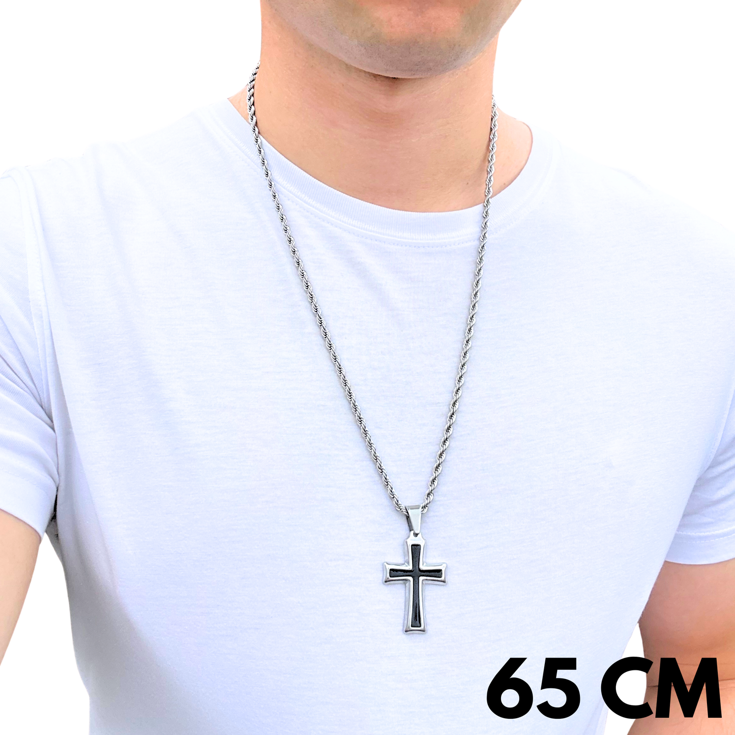 ZESTAW - Rope 4mm + Zawieszka Black Cross Białe Złoto