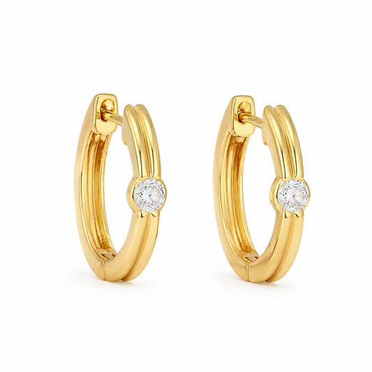 Kolczyki Solitaire Bezel Hoop S925 Złote Damskie