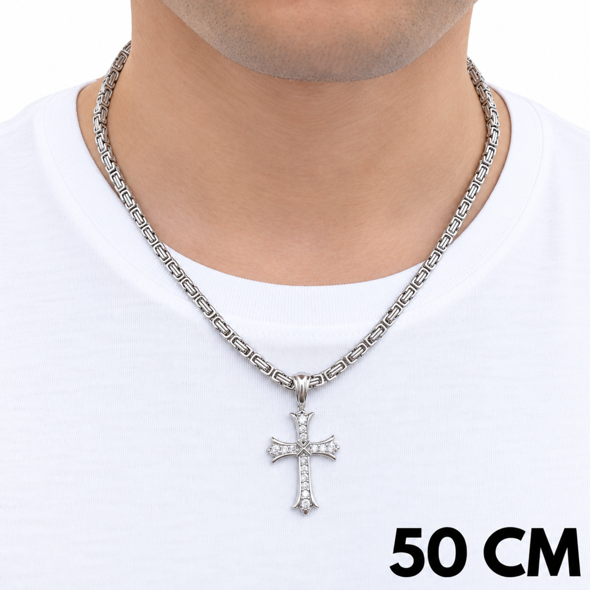 ZESTAW - Królewski 4mm Białe Złoto + Zawieszka Grand Cross Białe Złoto