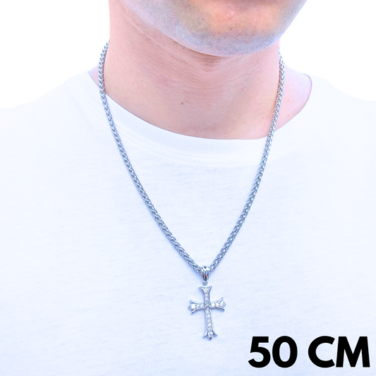 ZESTAW - Pszenny 4mm + Zawieszka Grand Cross Białe Złoto