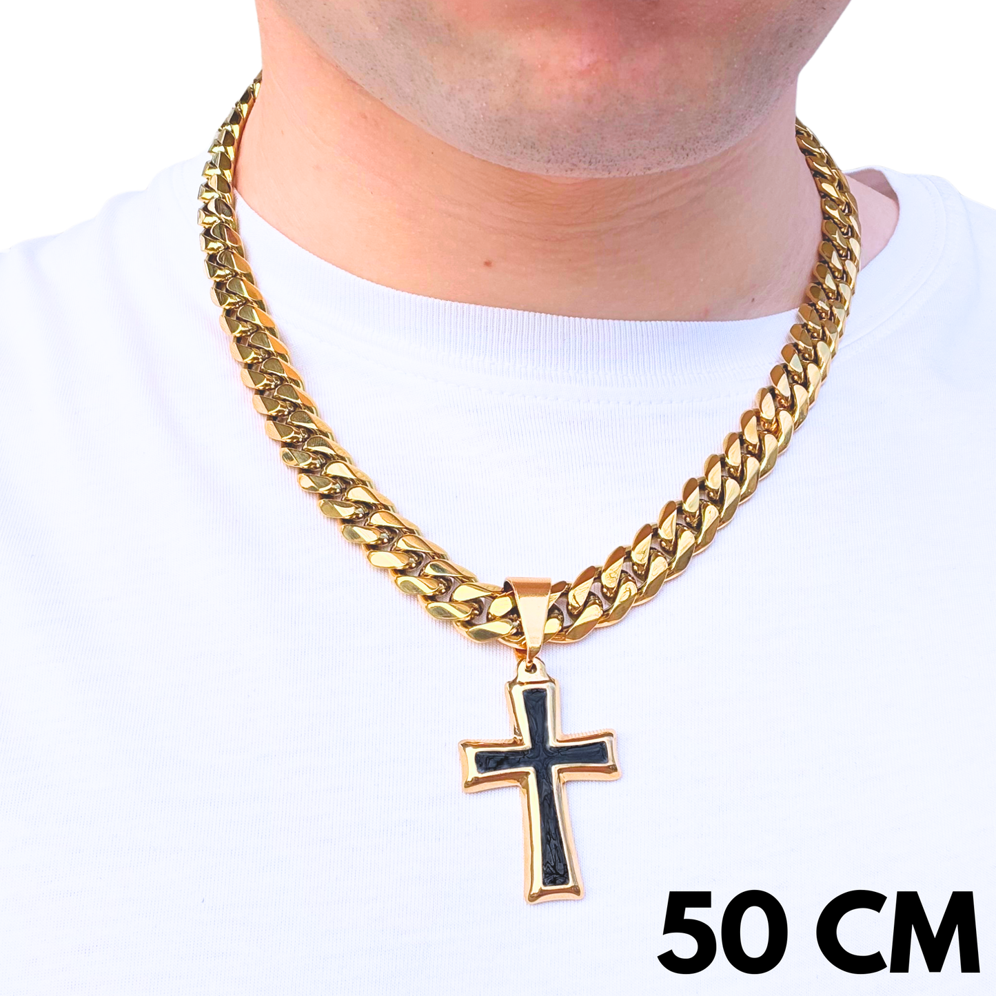 ZESTAW - Cuban Złoty 12mm + Zawieszka Black Cross Złota