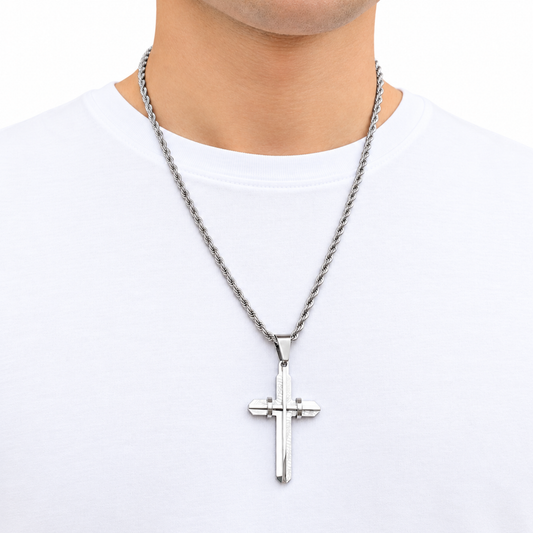 ZESTAW - Rope 4mm + Zawieszka Modern Cross Białe Złoto