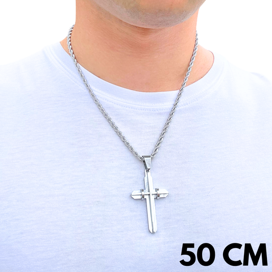 ZESTAW - Rope 4mm + Zawieszka Modern Cross Białe Złoto