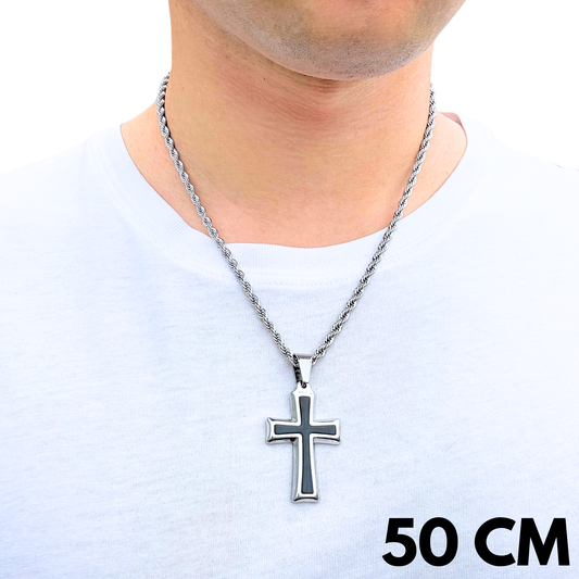 ZESTAW - Rope 4mm + Zawieszka Black Cross Białe Złoto