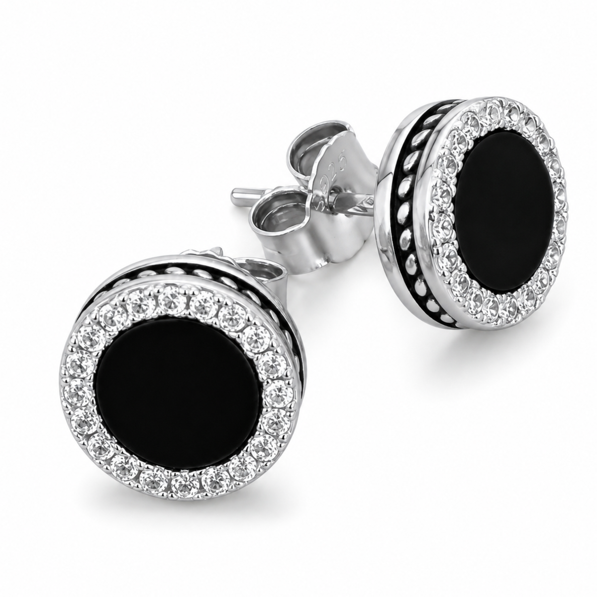Kolczyki Black Round S925 z Onyksem Czarne Białe Złoto Damskie