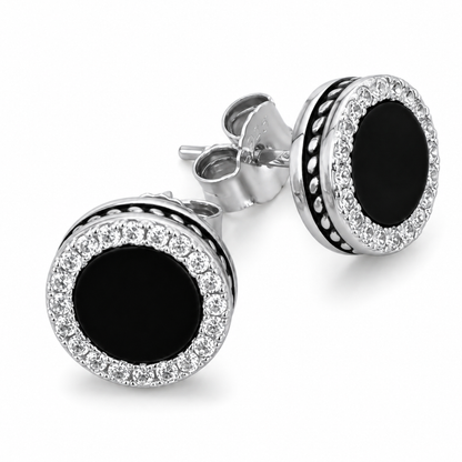 Kolczyki Black Round S925 z Onyksem Czarne Białe Złoto Damskie