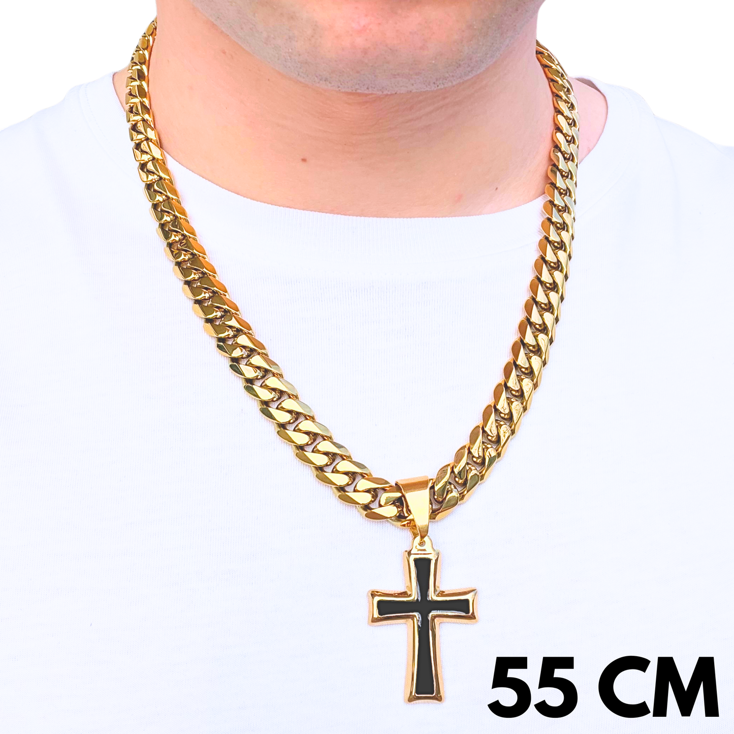 ZESTAW - Cuban Złoty 12mm + Zawieszka Black Cross Złota