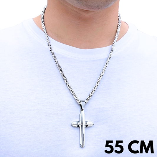 ZESTAW - Królewski 4mm + Zawieszka Modern Cross Białe Złoto