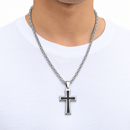ZESTAW - Królewski 4mm + Zawieszka Black Cross Białe Złoto