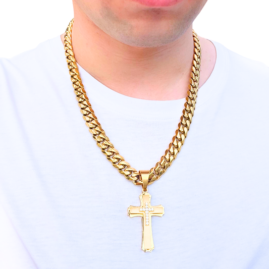 ZESTAW - Cuban Złoty 12mm + Zawieszka Royal Cross Złota