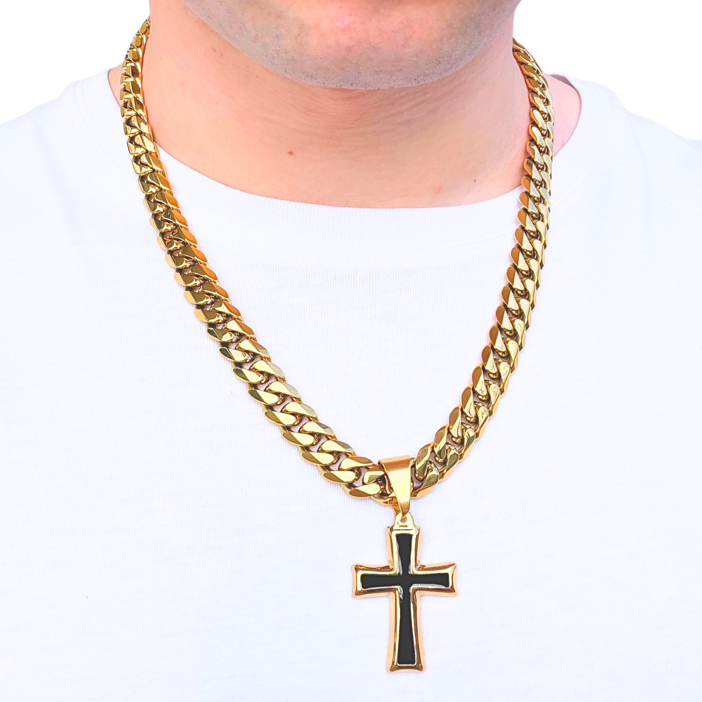 ZESTAW - Cuban Złoty 12mm + Zawieszka Black Cross Złota