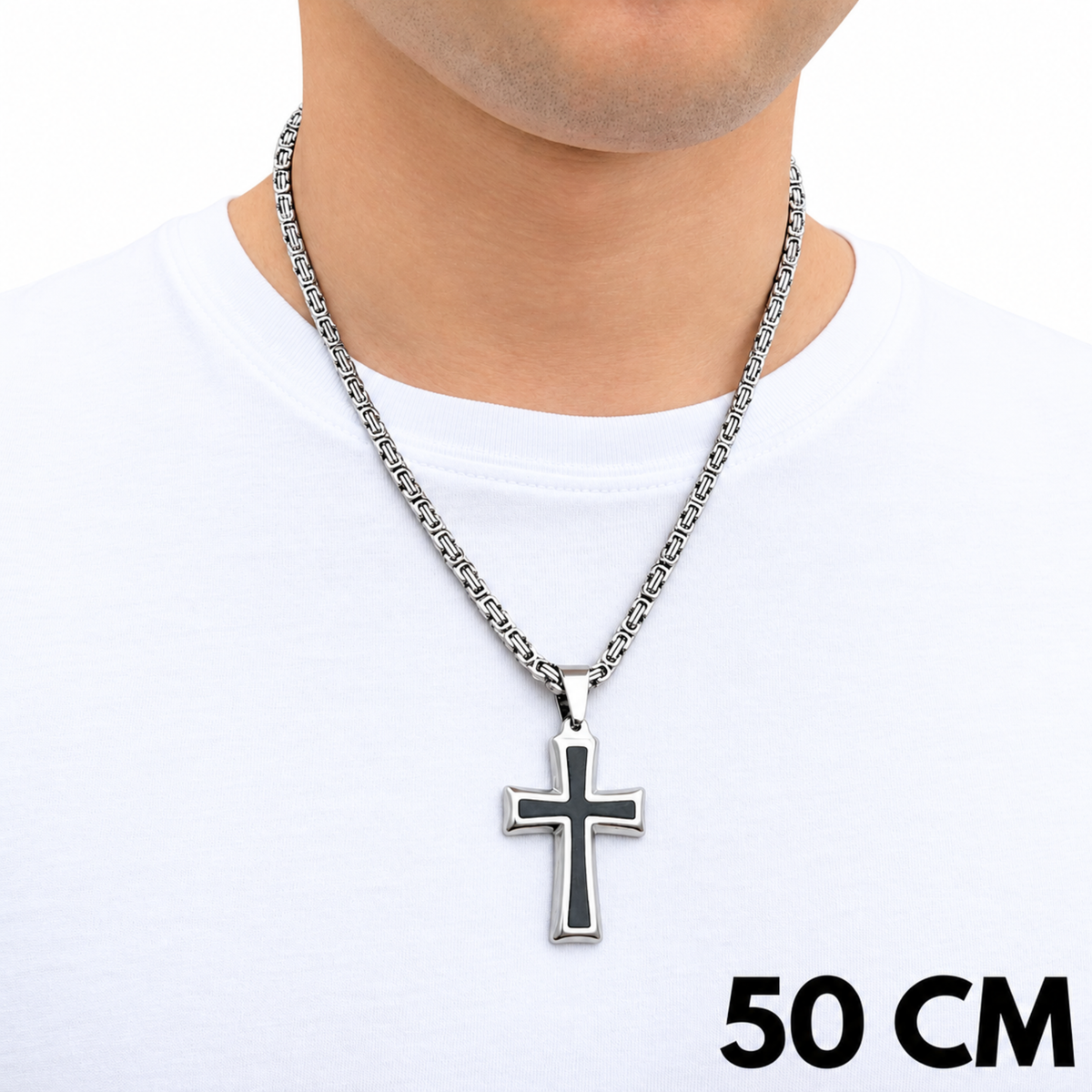 ZESTAW - Królewski 4mm + Zawieszka Black Cross Białe Złoto