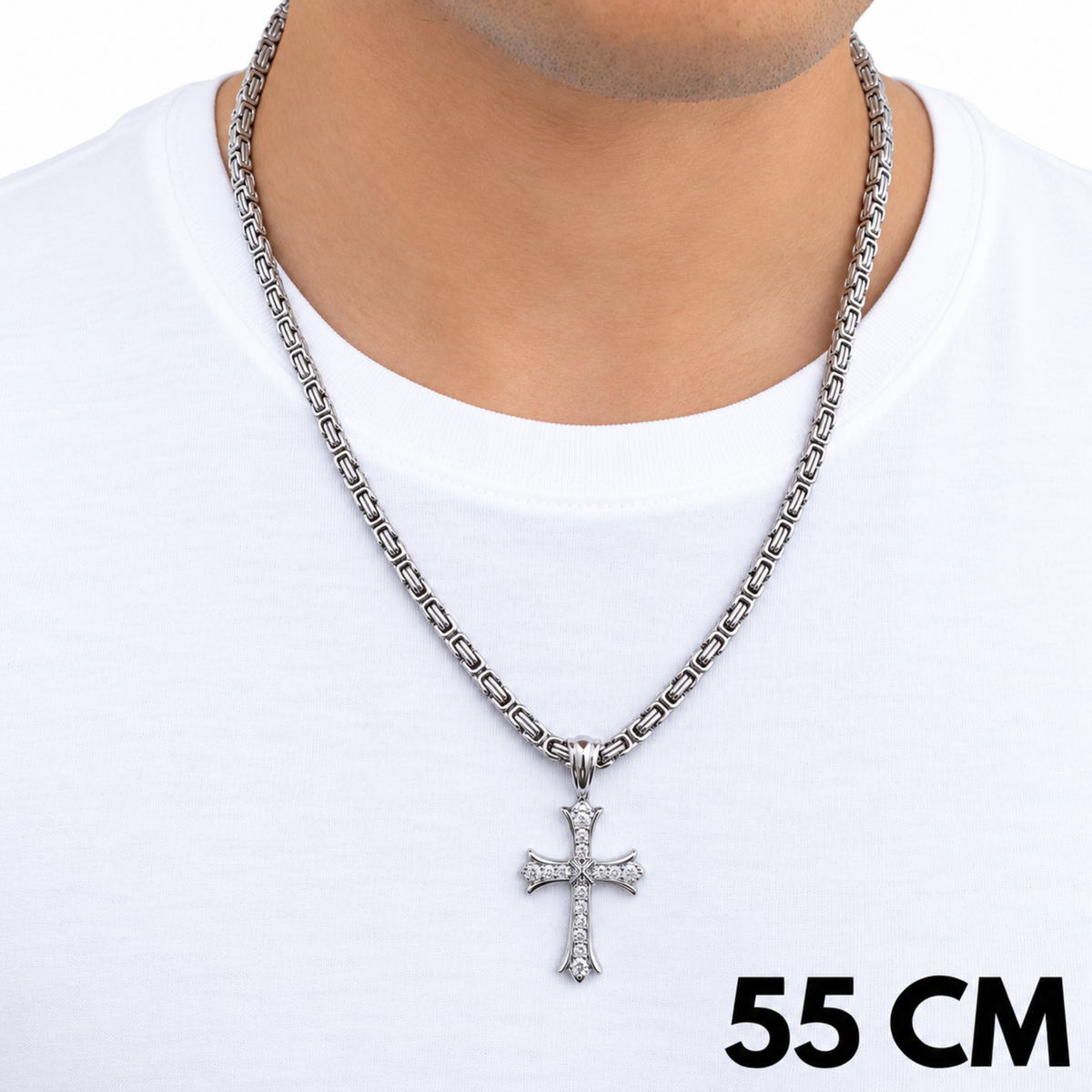 ZESTAW - Królewski 4mm Białe Złoto + Zawieszka Grand Cross Białe Złoto