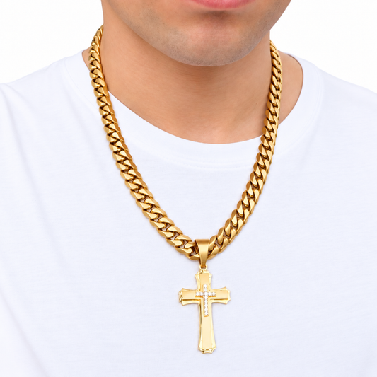ZESTAW - Cuban Złoty 12mm + Zawieszka Royal Cross Złota