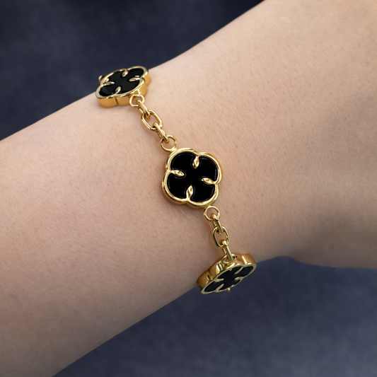 Bransoletka Koniczyna z Onyksem Damska Czarna Złota