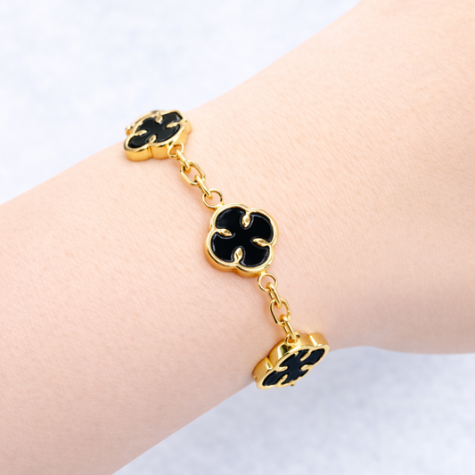 Bransoletka Koniczyna z Onyksem Damska Czarna Złota