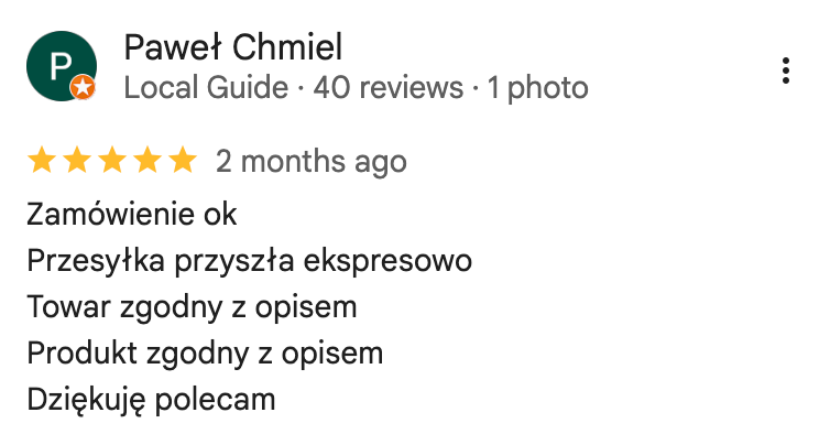 Opinia klienta METINI w Google
