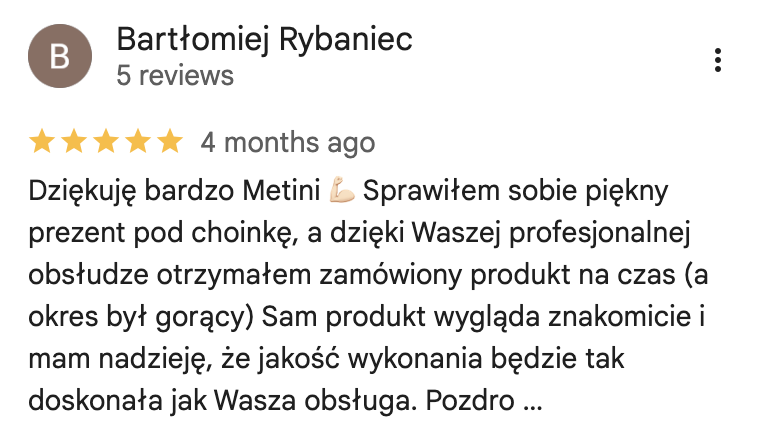 Opinia klienta METINI w Google